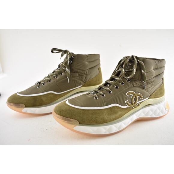 Chanel 19B Green Quilted Platform CC Logo High Top Trainer Sneaker Boot 44 11 - Picture 10 of 12